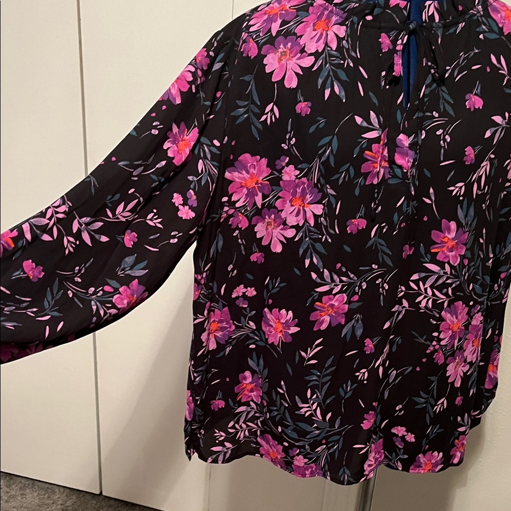 Counterparts Black and Pink Floral Long Sleeve Blouse V Neck Elastic Wrists | XL - Picture 7 of 12
